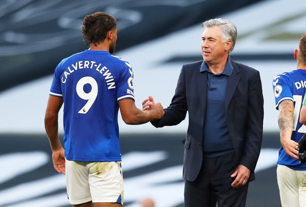 September 13, 2020 Everton manager Carlo Ancelotti celebrates with Dominic Calvert-Lewin after the match Pool via REUTERS/Catherine Ivill