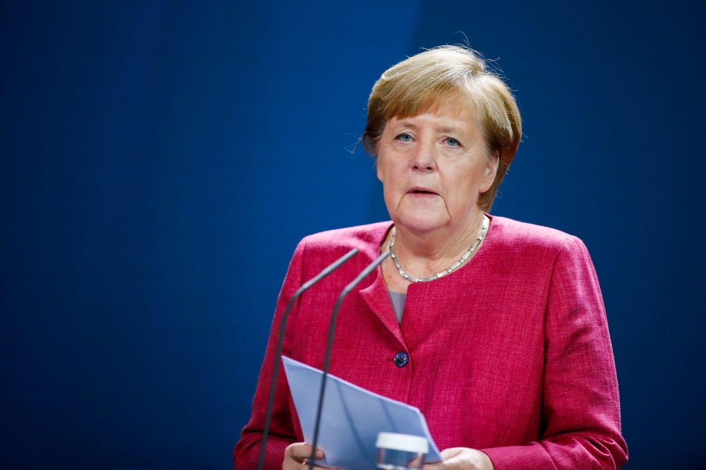 German Chancellor Angela Merkel gives a statement following her video conference with officials from Germany's largest cities in Germany on Covid-19, on October 9, 2020 at the Chancellery in Berlin Germany is experiencing a 