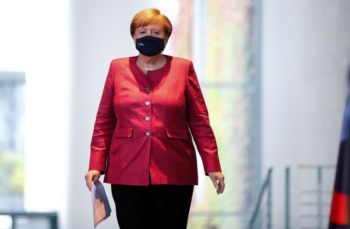 German Chancellor Angela Merkel arrives for a statement following her video conference with officials from Germany's largest cities in Germany on Covid-19, on October 9, 2020 at the Chancellery in Berlin Germany is experiencing a 
