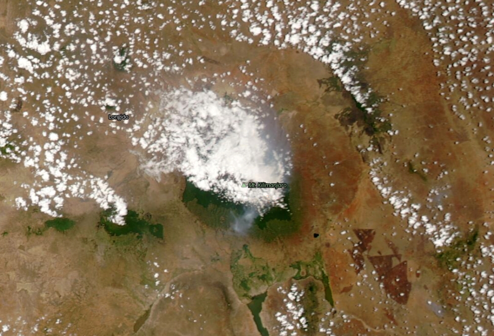 A satellite image shows smoke from a fire around the top of Mount Kilimanjaro, Tanzania October 12, 2020. NASA MODIS Satellite Image/Handout via REUTERS