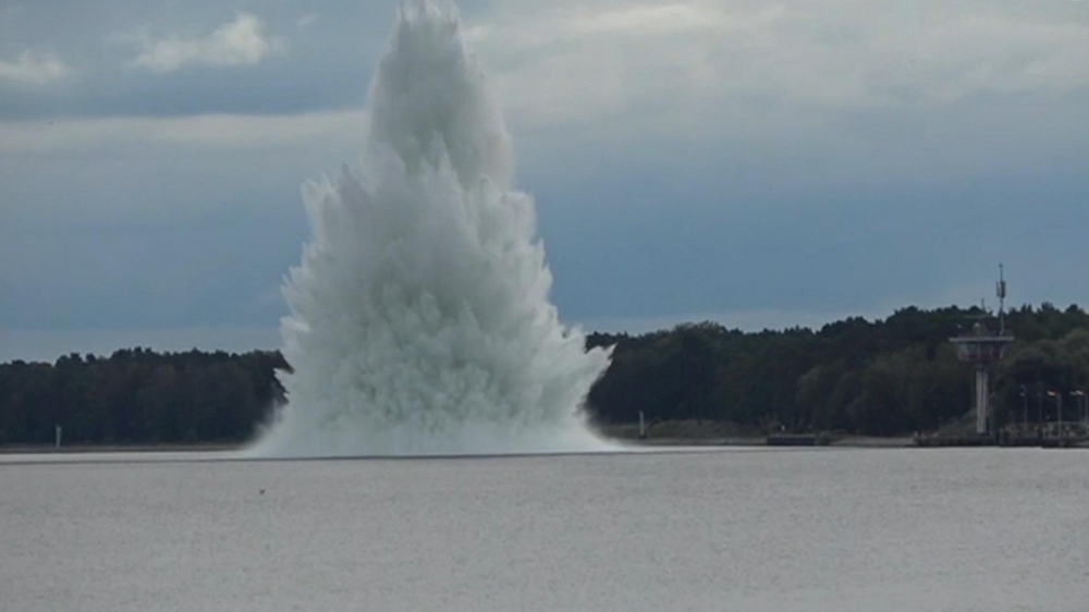 In this video grab made from footage released by the Polish Navy on October 13, 2020 shows the underwater explosion during the operation to defuse a WWII five-tonne underwater bomb derelict (also known as an 