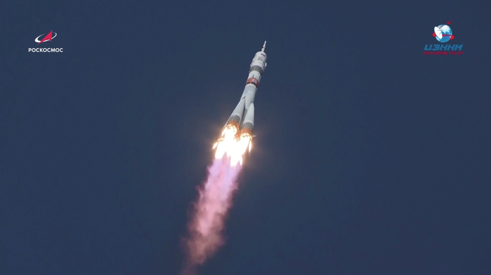 The Soyuz MS-17 spacecraft carrying the crew formed of Kathleen Rubins of NASA, Sergey Ryzhikov and Sergey Kud-Sverchkov of the Russian space agency Roscosmos blasts off to the International Space Station (ISS) from the launchpad at the Baikonur Cosmodrom
