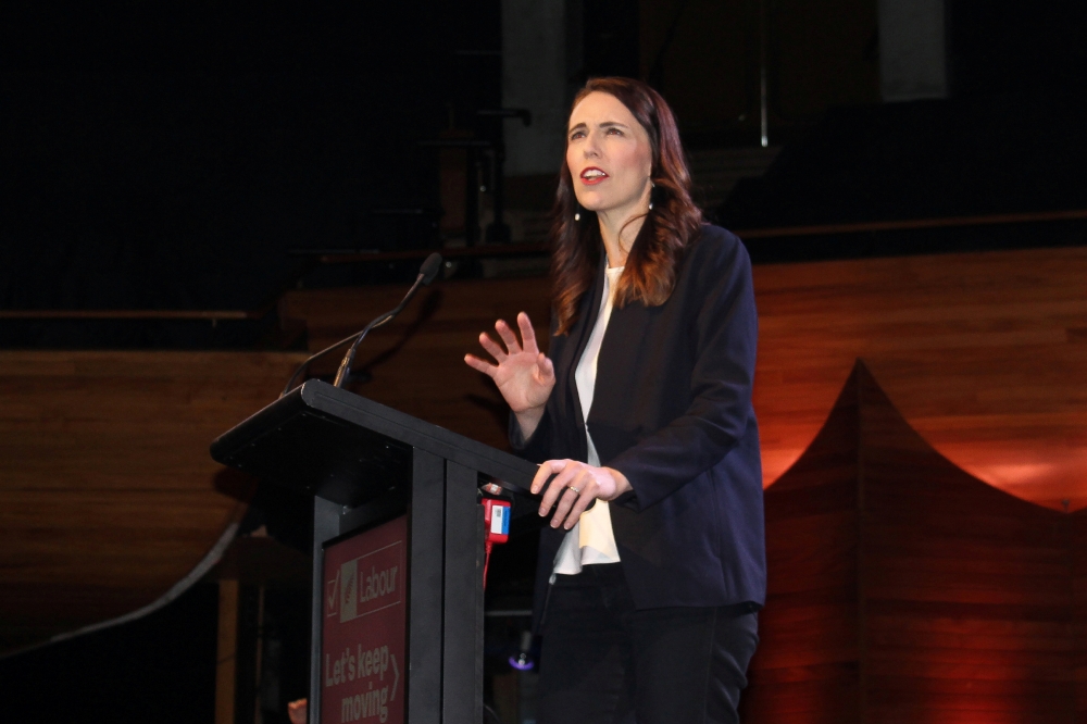 FILE PHOTO: Prime Minister Jacinda Ardern addresses her supporters at a Labour Party event in Wellington, New Zealand, October 11, 2020. Reuters/Praveen Menon/File Photo