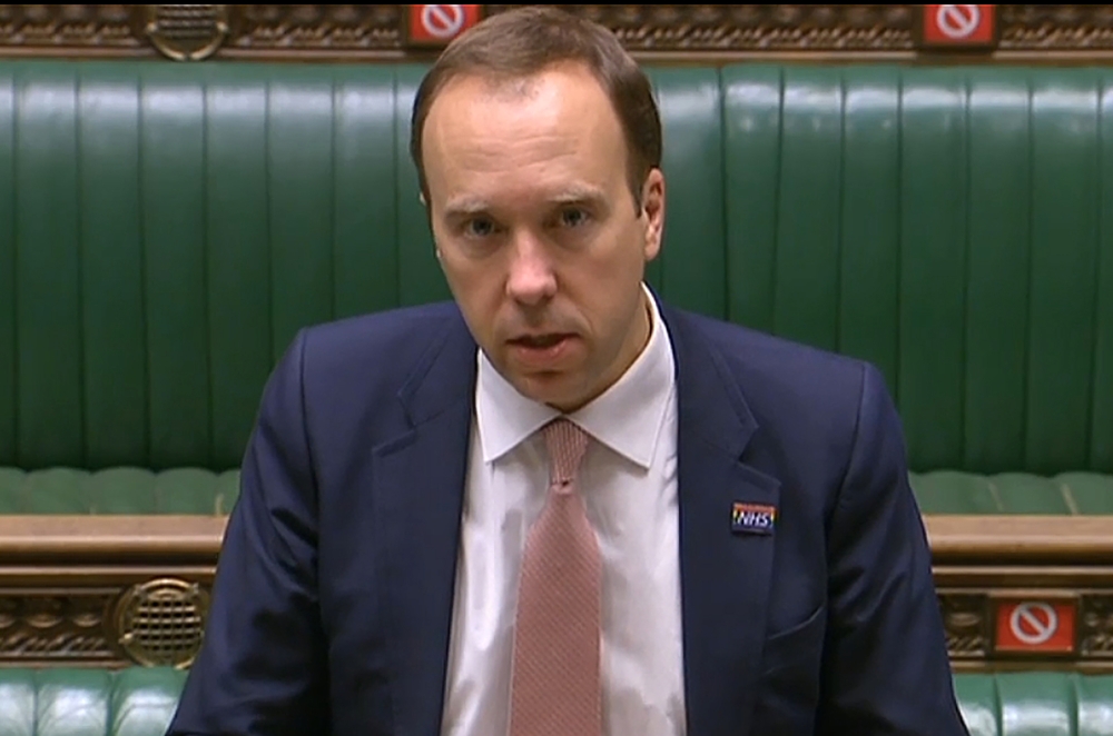 A video grab from footage broadcast by the UK Parliament's Parliamentary Recording Unit (PRU) shows Britain's Health Secretary Matt Hancock making a statement on Covid-19 restrictions in the House of Commons in London on October 15, 2020. - RESTRICTED TO 