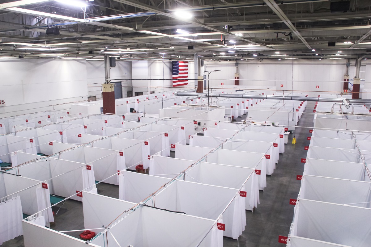 An overhead view shows a field hospital known as an Alternate Care Facility set up at the state fair ground as cases of coronavirus disease (COVID-19) cases spike in the state near Milwaukee, Wisconsin, U.S., October 12, 2020. Picture taken October 12, 20