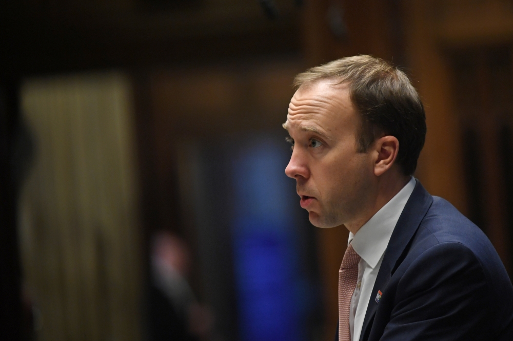 British Health Secretary Matt Hancock speaks in the House of Commons Chamber about the coronavirus disease (COVID-19), in London, Britain, October 15, 2020. UK Parliament/Jessica Taylor/Handout via REUTERS