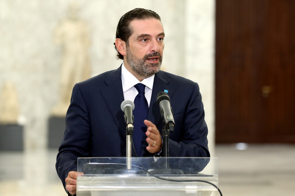 Former Prime Minister Saad al-Hariri speaks at the presidential palace in Baabda, Lebanon October 12, 2020. Dalati Nohra/Handout via REUTERS