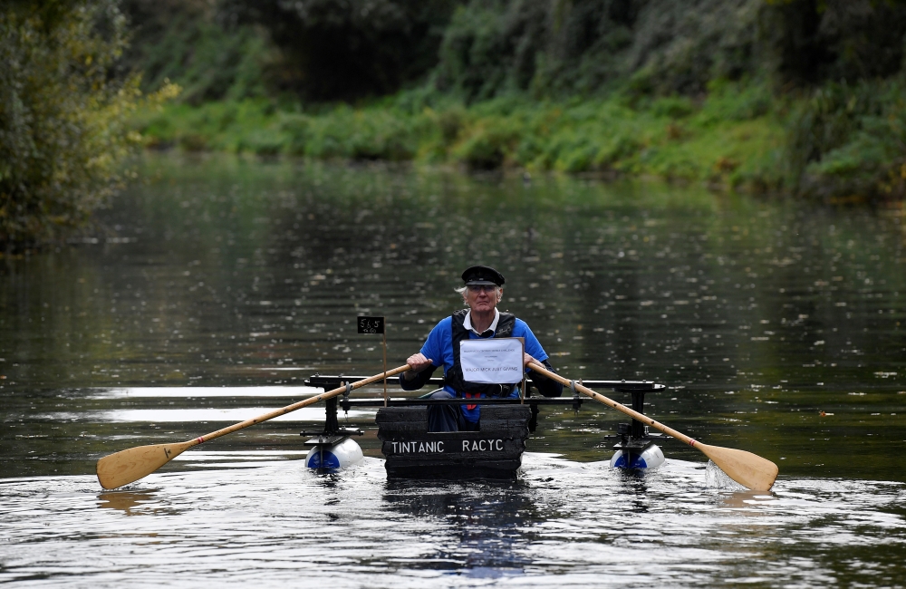 80-year old military veteran Michael Stanley, known as Major Mick, rows his homemade boat named the 