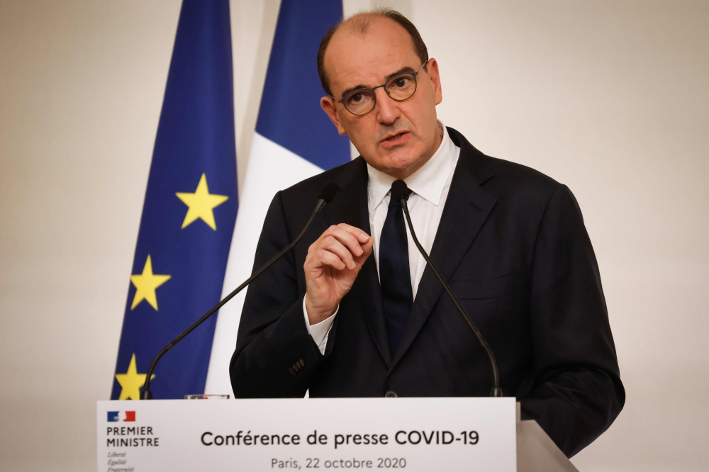 French Prime Minister Jean Castex delivers a speech during a press conference, at the Hotel Matignon, in Paris, on October 22, 2020, announcing the changeover of several departments to 