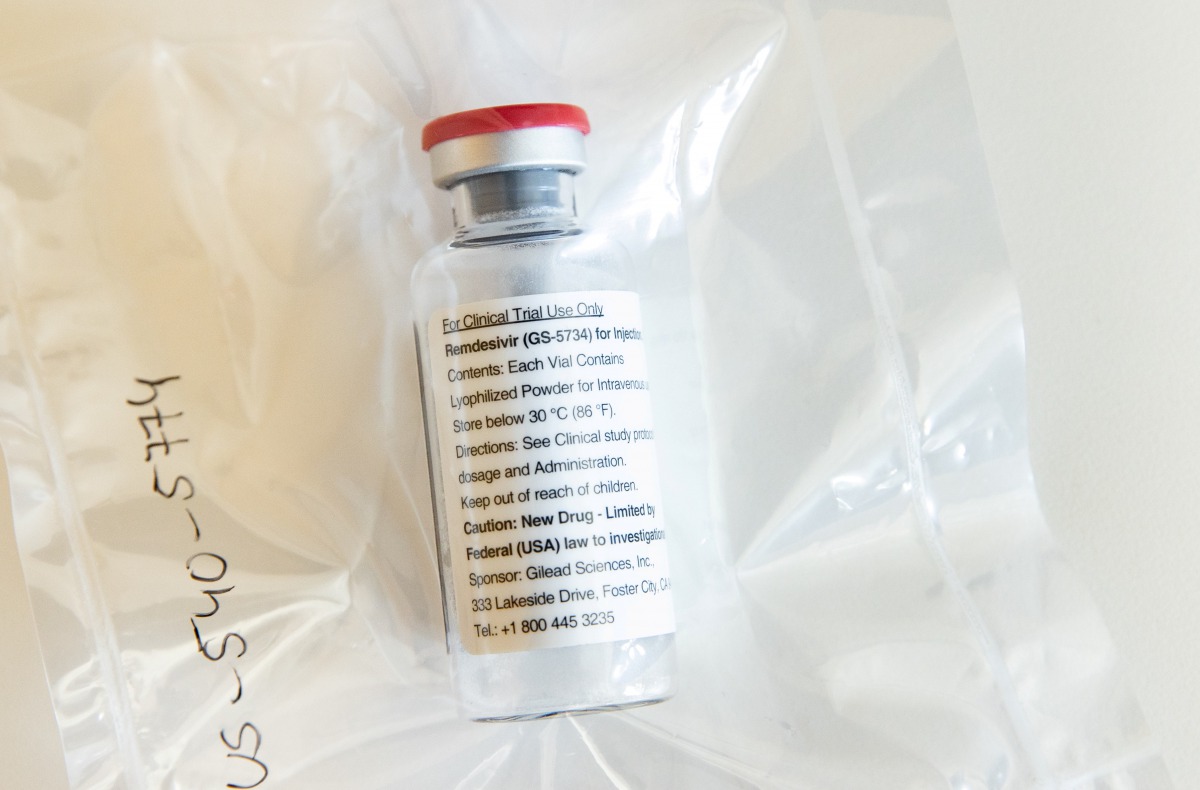 FILE PHOTO: An ampule of Gilead Sciences COVID-19 antiviral Remdesivir is pictured during a news conference at the University Hospital Eppendorf (UKE) in Hamburg, Germany, April 8, 2020, as the spread of coronavirus disease (COVID-19) continues. Ulrich Pe