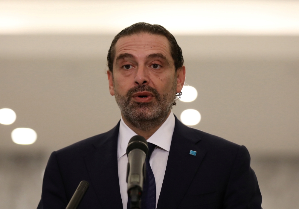Lebanese Sunni leader Saad al-Hariri, talks to the media after being named Lebanon's new prime minister at the presidential palace in Baabda, Lebanon October 22, 2020. REUTERS/Mohamed Azakir