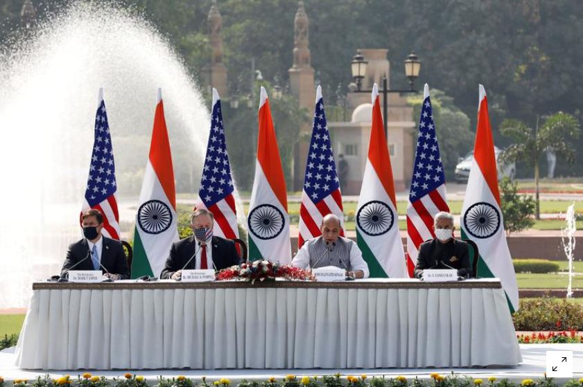 India's Defence Minister Rajnath Singh speaks next to U.S. Secretary of State Mike Pompeo, U.S. Secretary of Defence Mark Esper and India's Foreign Minister Subrahmanyam Jaishankar during a joint news conference after their meeting at Hyderabad House in N