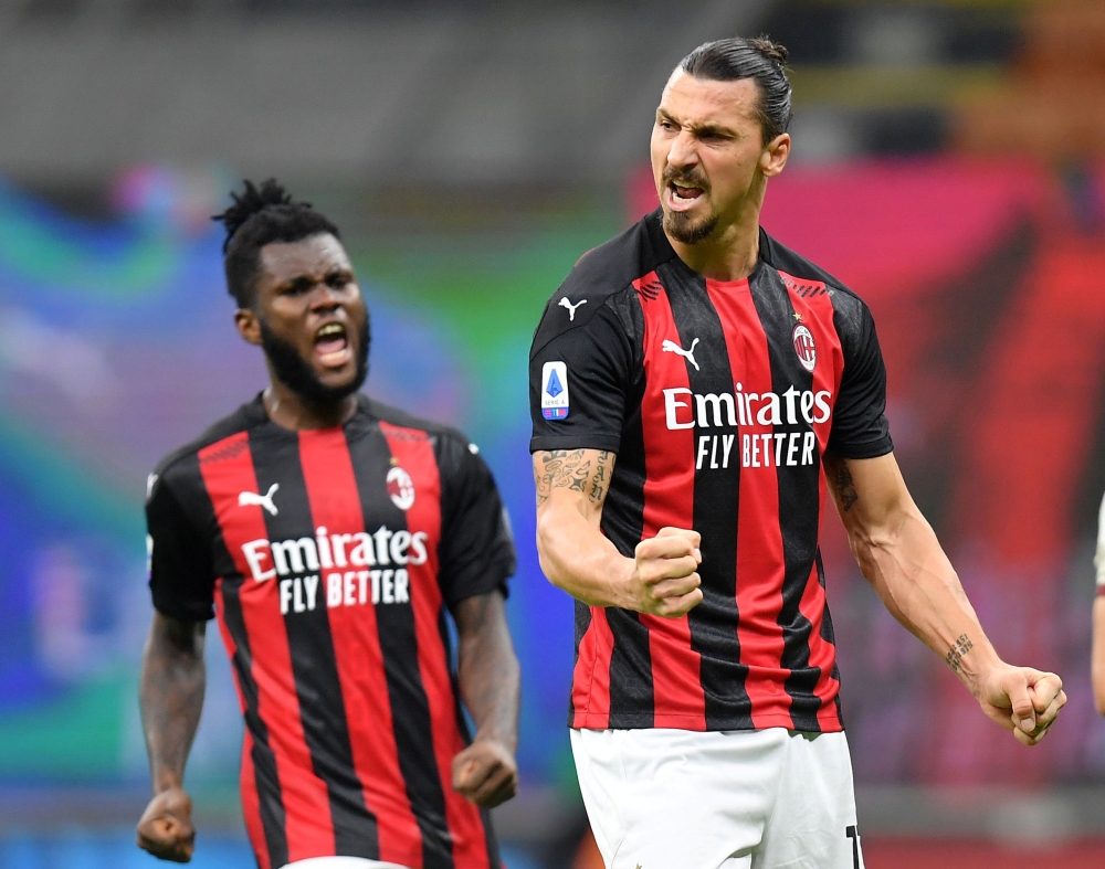 AC Milan’s Zlatan Ibrahimovic celebrates scoring their third goal with Franck Kessie REUTERS/Daniele Mascolo 