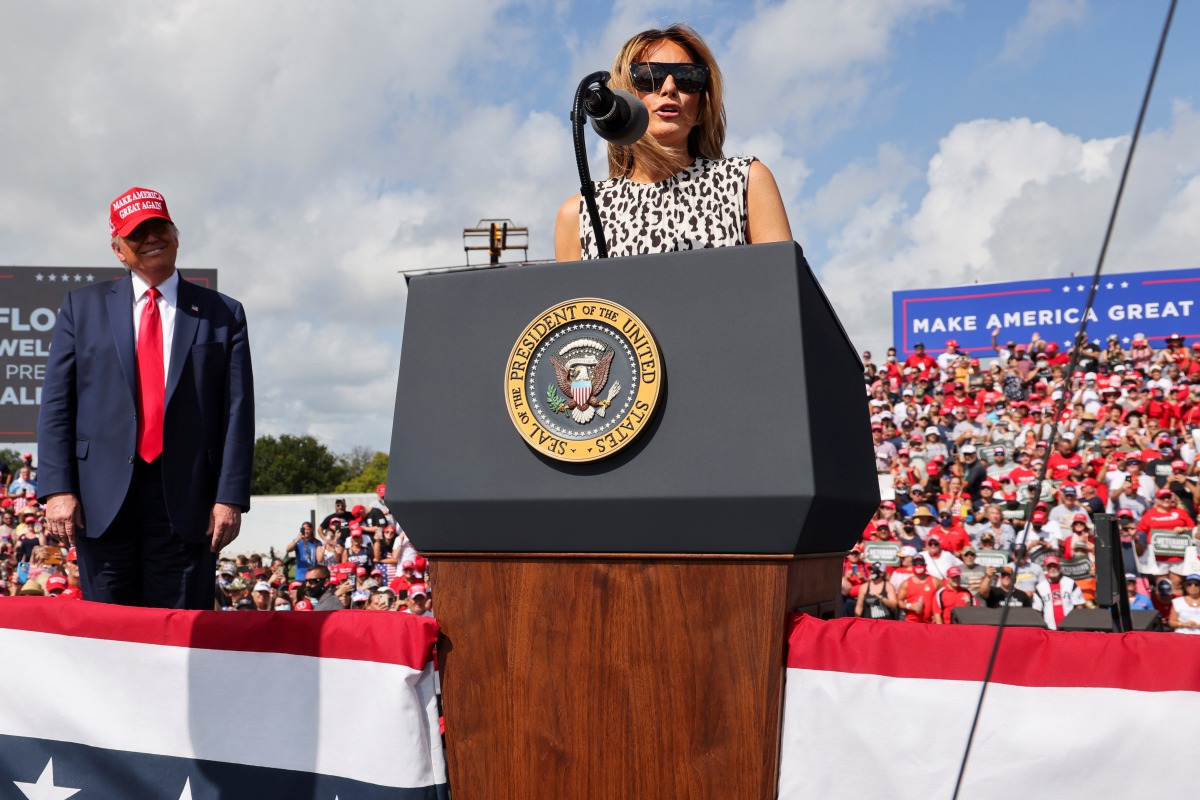 First lady Melania Trump speaks during U.S. President Donald Trump's campaign rally outside Raymond James Stadium, in Tampa, Florida, U.S., October 29, 2020. REUTERS/Jonathan Ernst
