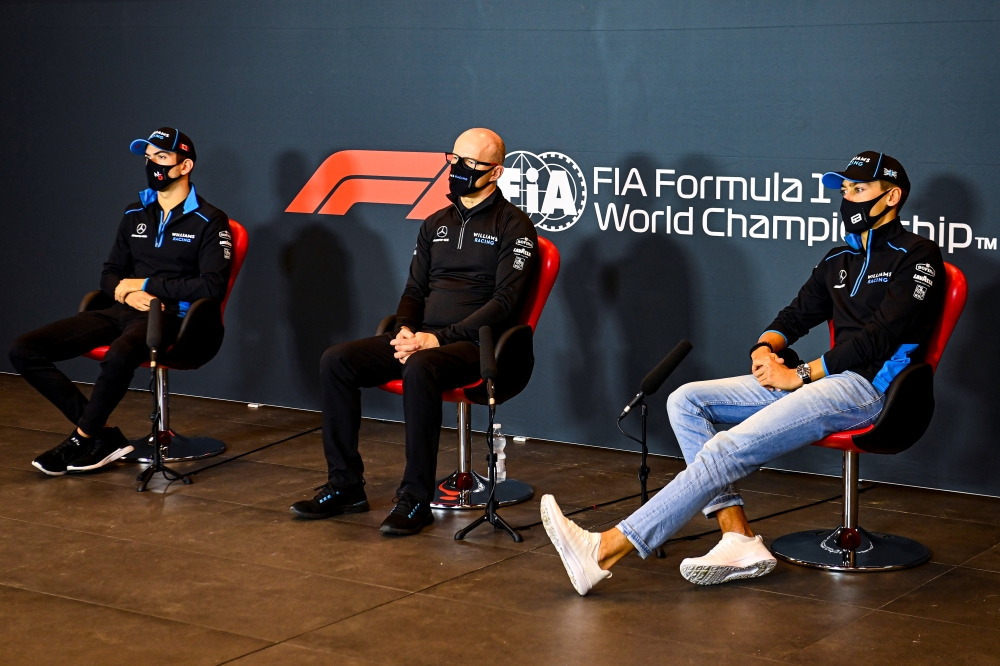 October 30, 2020 Williams' Nicholas Latifi, Williams' Acting Team Principal Simon Roberts and Williams' George Russell during a press conference FIA/Handout via REUTERS