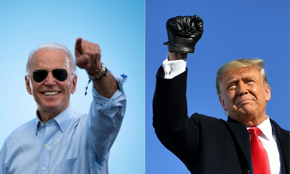 This combination of pictures created on October 30, 2020 shows Democratic Presidential candidate and former US Vice President Joe Biden gestures prior to delivering remarks at a Drive-in event in Coconut Creek, Florida, on October 29, 2020 and US Presiden