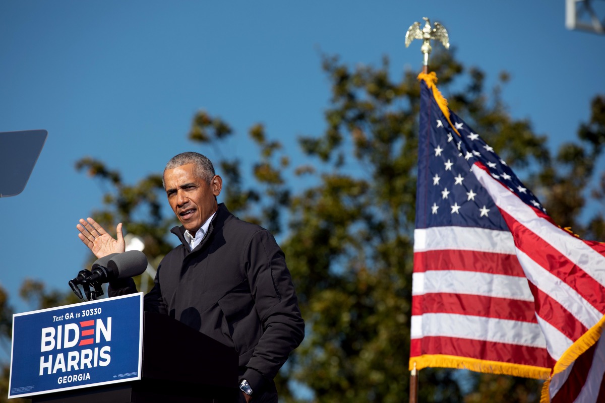 ATLANTA, GA - NOVEMBER 02: Former President Barack Obama speaks at a Drive-in Mobilization Rally to get out the vote for Georgia Senate candidates on November 2, 2020 in Atlanta, Georgia. Republican Sens. David Perdue and Kelly Loeffler are locked in a ti