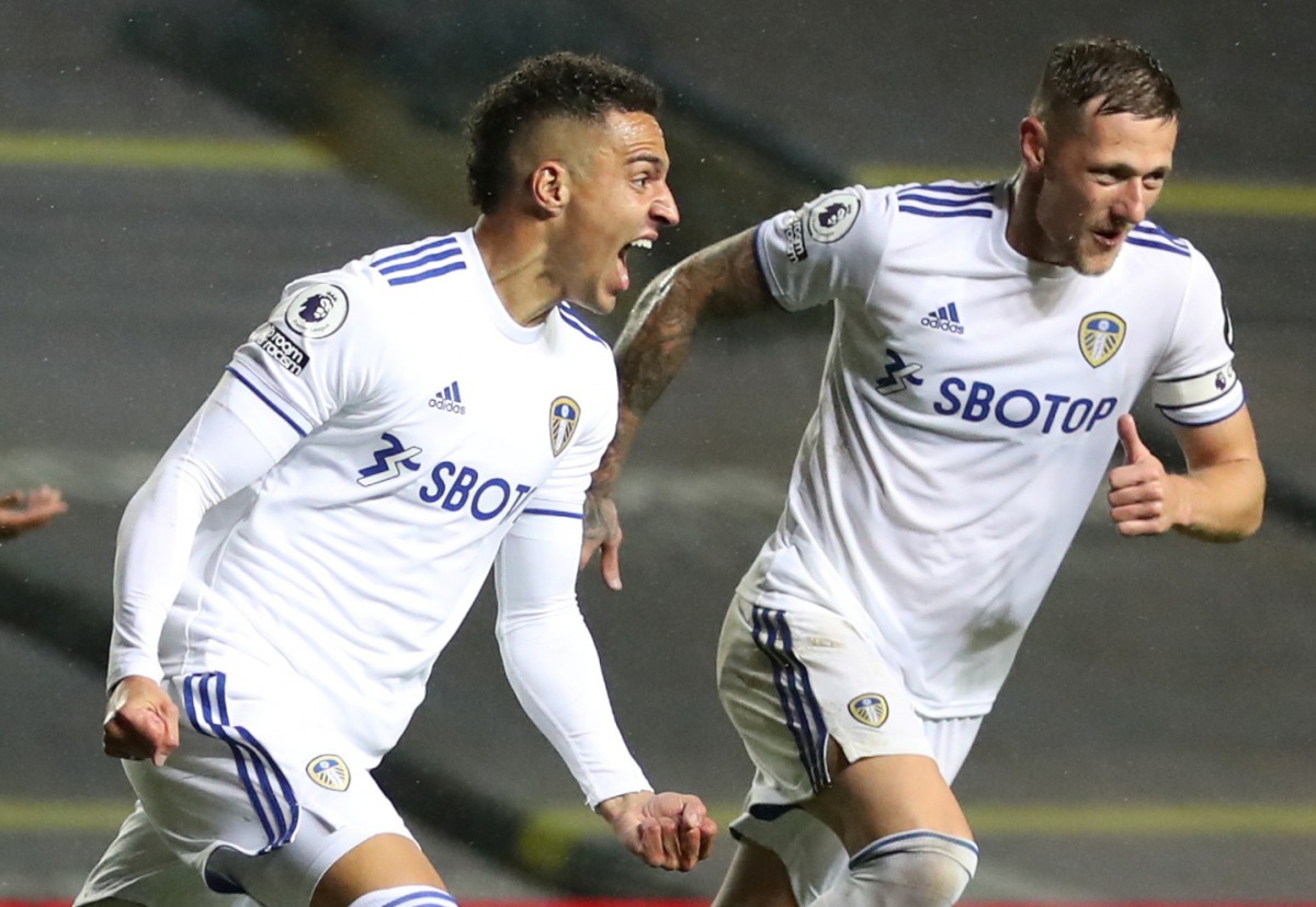 FILE PHOTO: Soccer Football - Premier League - Leeds United v Manchester City - Elland Road, Leeds, Britain - October 3, 2020 Leeds United's Rodrigo celebrates scoring their first goal with teammates Pool via REUTERS/Catherine Ivill