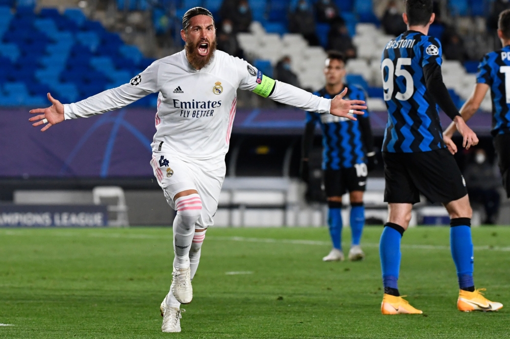 Real Madrid's Spanish defender Sergio Ramos celebrates his goal during the UEFA Champions League group B football match between Real Madrid and Inter Milan at the Alfredo di Stefano stadium in Valdebebas, on the outskirts of Madrid, on November 3, 2020. /