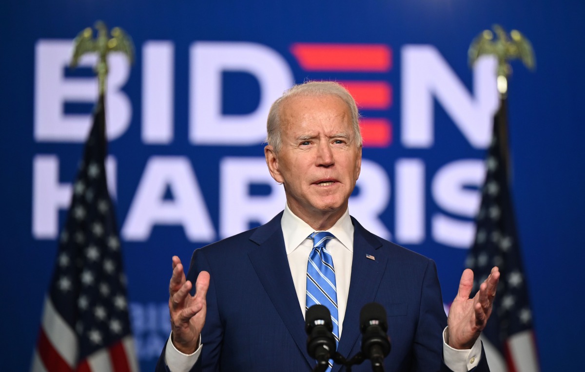 TOPSHOT - Democratic Presidential candidate Joe Biden speaks at the Chase Center in Wilmington, Delaware on November 4, 2020. President Donald Trump and Democratic challenger Joe Biden are squaring off for what could be a legal battle for the White House,