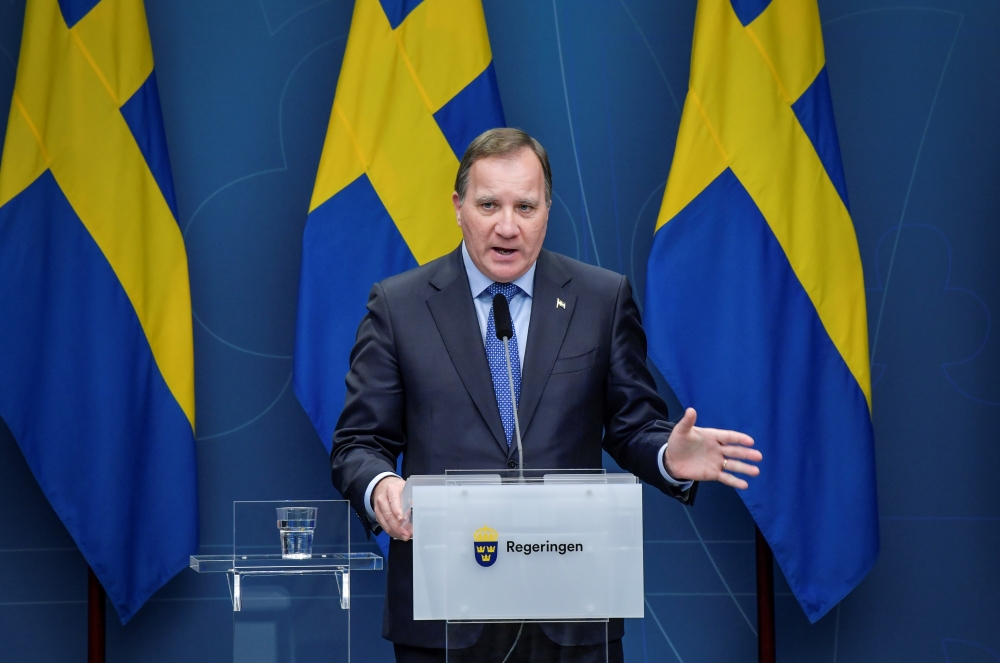Sweden's Prime Minister Stefan Lofven speaks during a news conference updating on the coronavirus disease (COVID-19) situation, at the government headquarters in Stockholm, Sweden, November 3, 2020. Jessica Gow/TT News Agency/via REUTERS