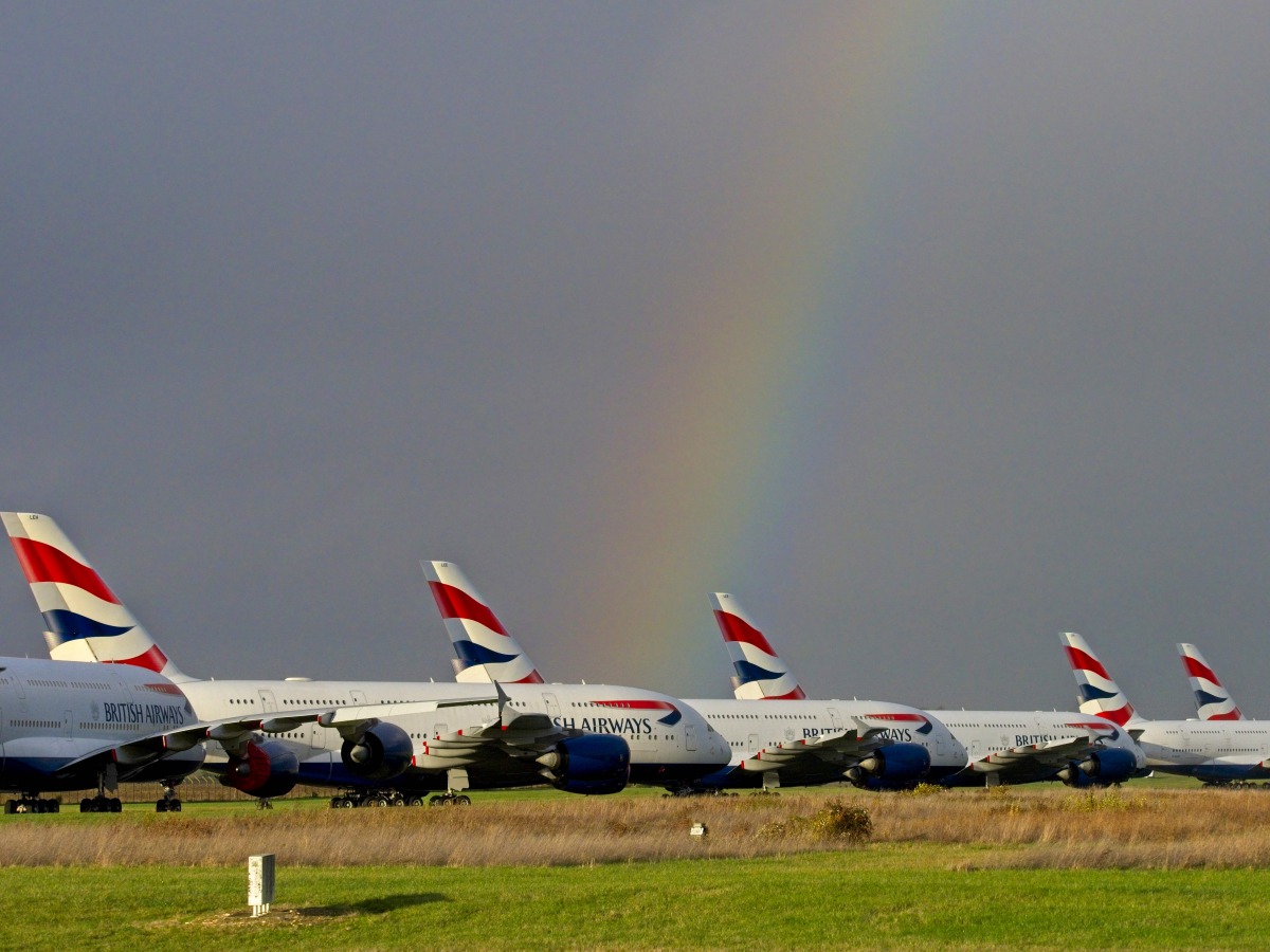 British Airways Airbus A380 aircraft are parked at the Chateauroux-Deols 