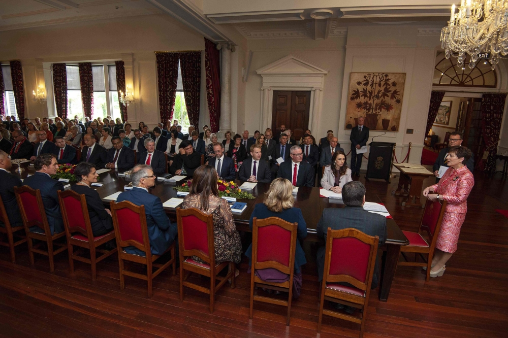 New Zealand Prime Minister Jacinda Ardern's government is sworn in for a second term at the Government House in Wellington on November 6, 2020 / AFP / Dave Lintott
 