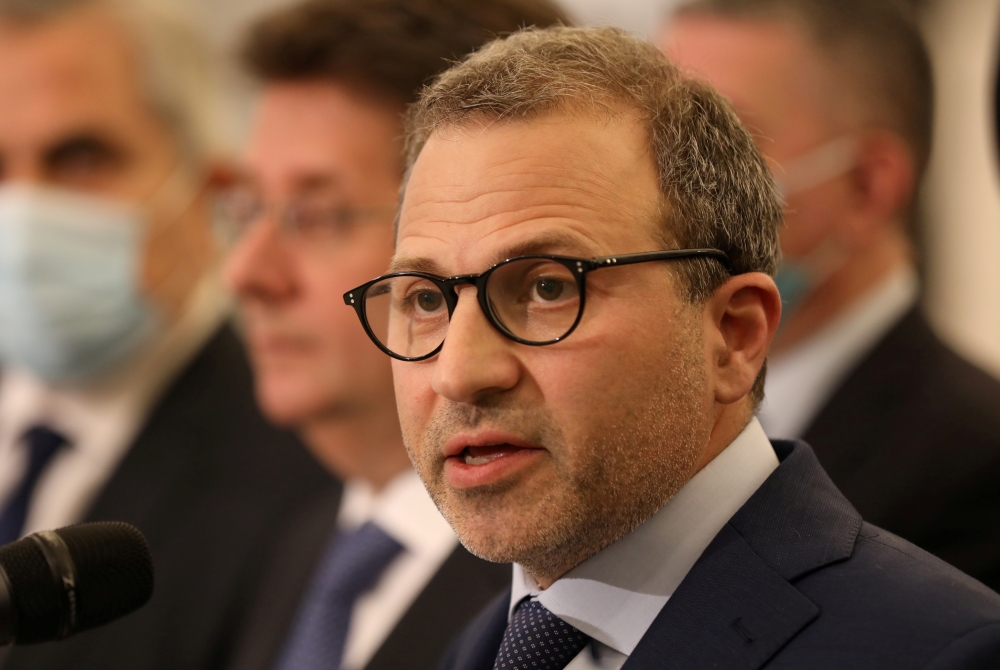 FILE PHOTO: Gebran Bassil, head of the Free Patriotic movement, speaks at the presidential palace in Baabda, Lebanon October 22, 2020. REUTERS/Mohamed Azakir