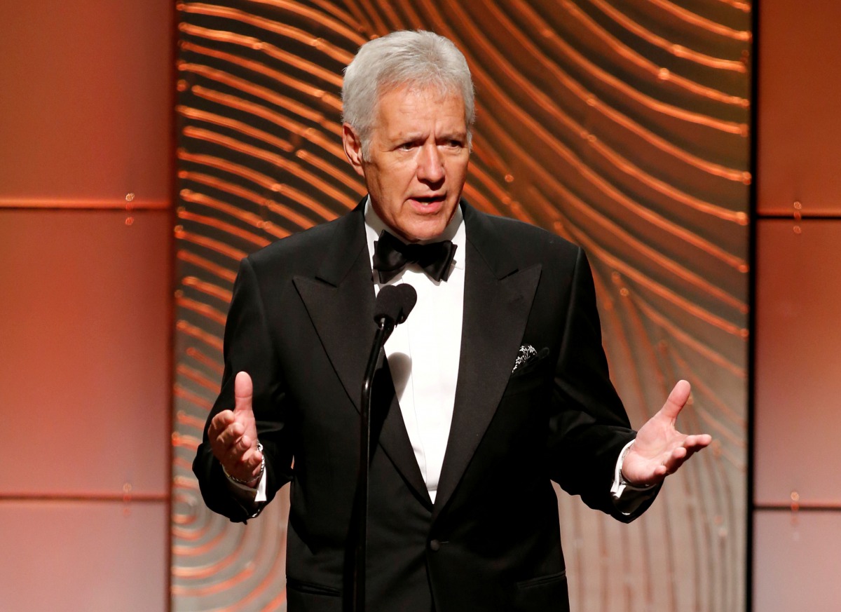 FILE PHOTO: Jeopardy television game show host Alex Trebek speaks on stage during the 40th annual Daytime Emmy Awards in Beverly Hills, California June 16, 2013. REUTERS/Danny Moloshok/File Photo

