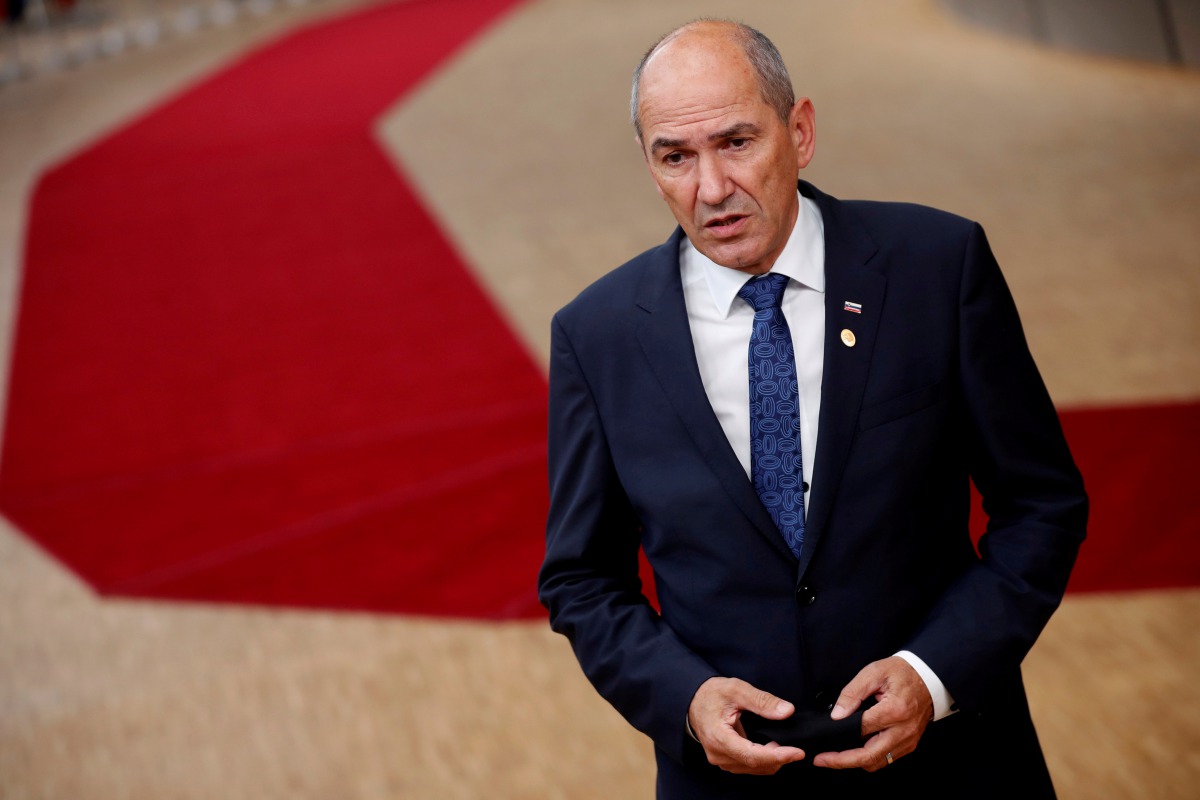 FILE PHOTO: Slovenia's Prime Minister Janez Jansa arrives for the second face-to-face European Union summit since the coronavirus disease (COVID-19) outbreak, in Brussels, Belgium October 1, 2020. Francisco Seco/Pool via REUTERS/File Photo
