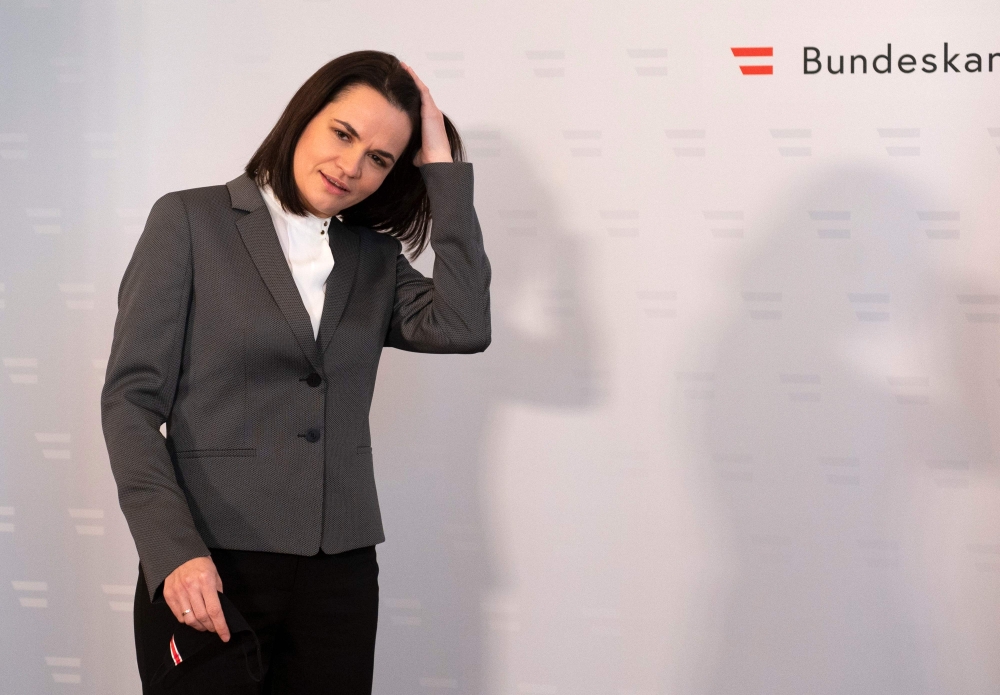 Belarus opposition leader Svetlana Tikhanovskaya meets with Austrian Chancellor Kurz (not in picture) in Vienna, Austria on November 5, 2020. / AFP / JOE KLAMAR