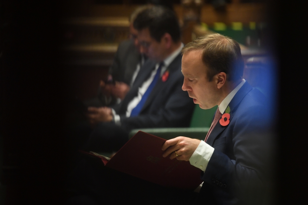 Britain's Health Secretary Matt Hancock is seen during the public health debate centred around the coronavirus disease (COVID-19) outbreak, at the House of Commons in London, Britain, November 4, 2020. UK Parliament/Jessica Taylor/Handout via Reuters