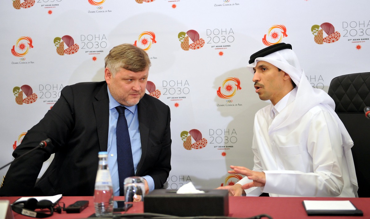 Chairman of the Olympic Council of Asia Evaluation Committee, Andrey Kryukov (left) and CEO of Doha 2030 Bidding Committee, during a press conference held in Doha, yesterday. Pic: Salim Matramkot/The Peninsula