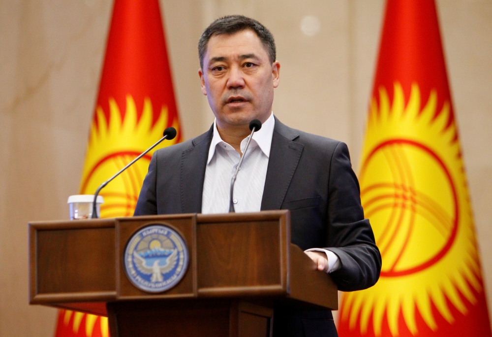 Kyrgyzstan's Prime Minister Sadyr Japarov delivers a speech during an extraordinary session of parliament in Bishkek, Kyrgyzstan October 16, 2020. REUTERS/Vladimir Pirogov/File Photo
