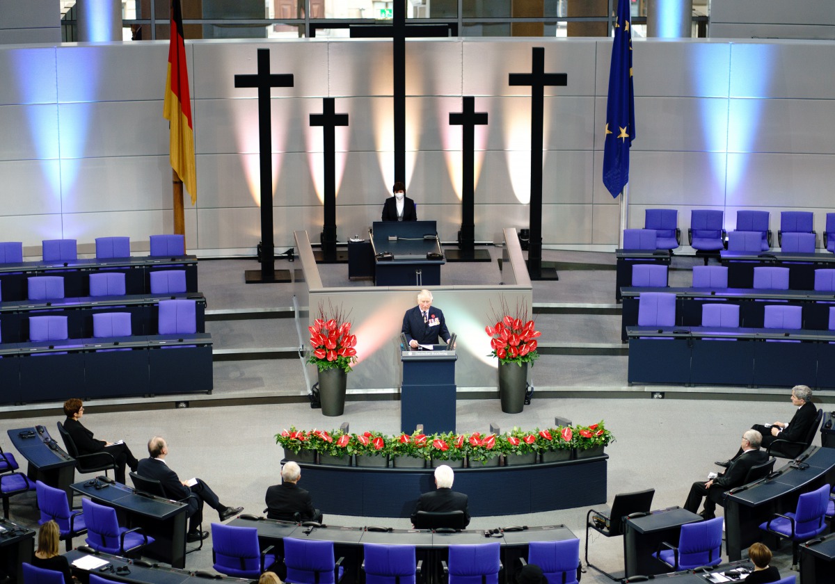 Britain's Prince Charles speaks at the German lower house of parliament, Bundestag, during an official Remembrance Day ceremony in Berlin, Germany November 15, 2020. Kay Nietfeld/Pool via REUTERS

