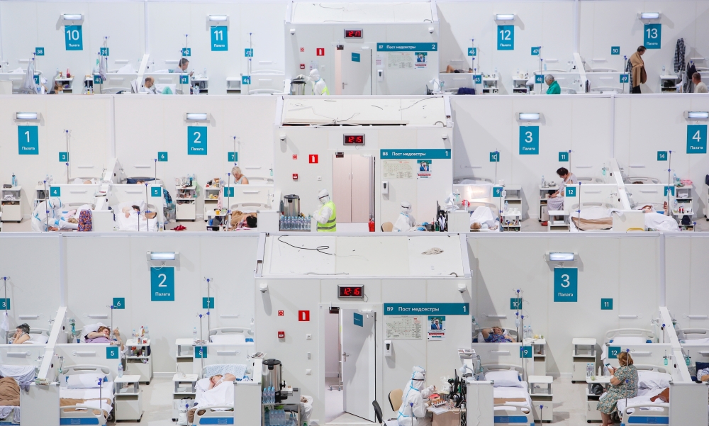 A general view of treatment blocks at a temporary hospital in the Krylatskoye Ice Palace, where patients suffering from the coronavirus disease (COVID-19) are treated, in Moscow, Russia November 13, 2020. Picture taken November 13, 2020. REUTERS/Maxim She