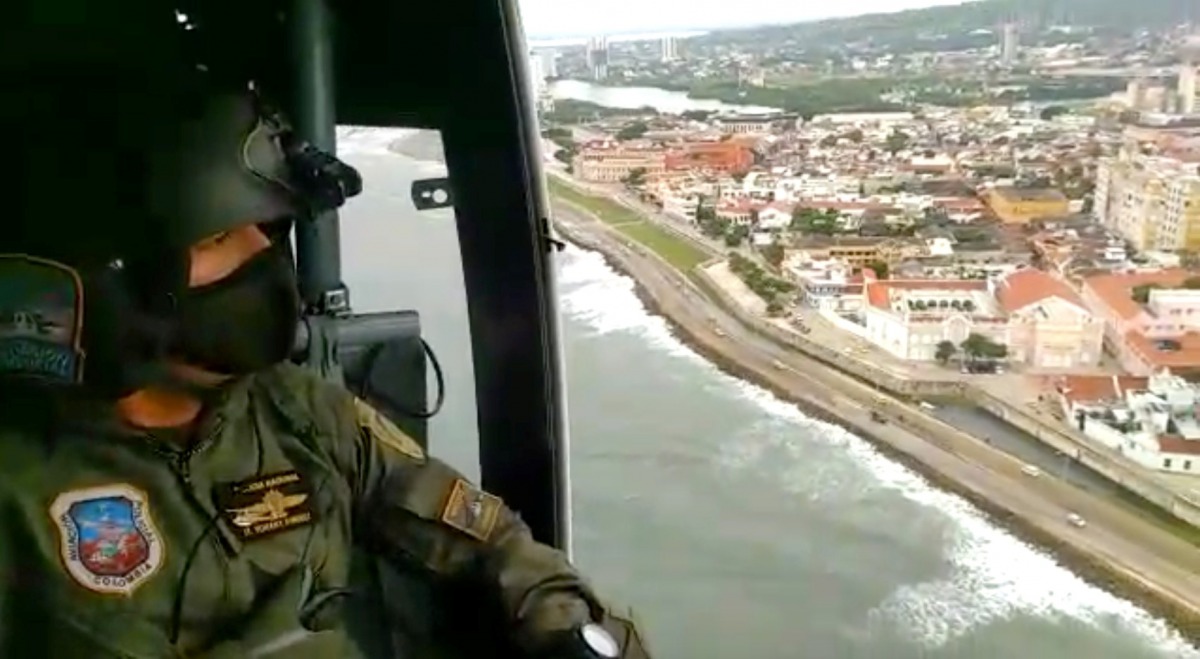 Aerial patrols are conducted over beach areas to prevent entry of swimmers, ahead of Hurricane Iota in Cartagena, Colombia in this still image taken from social media video dated November 15, 2020. LUIS GUILLERMO FERREBUS/via REUTERS 