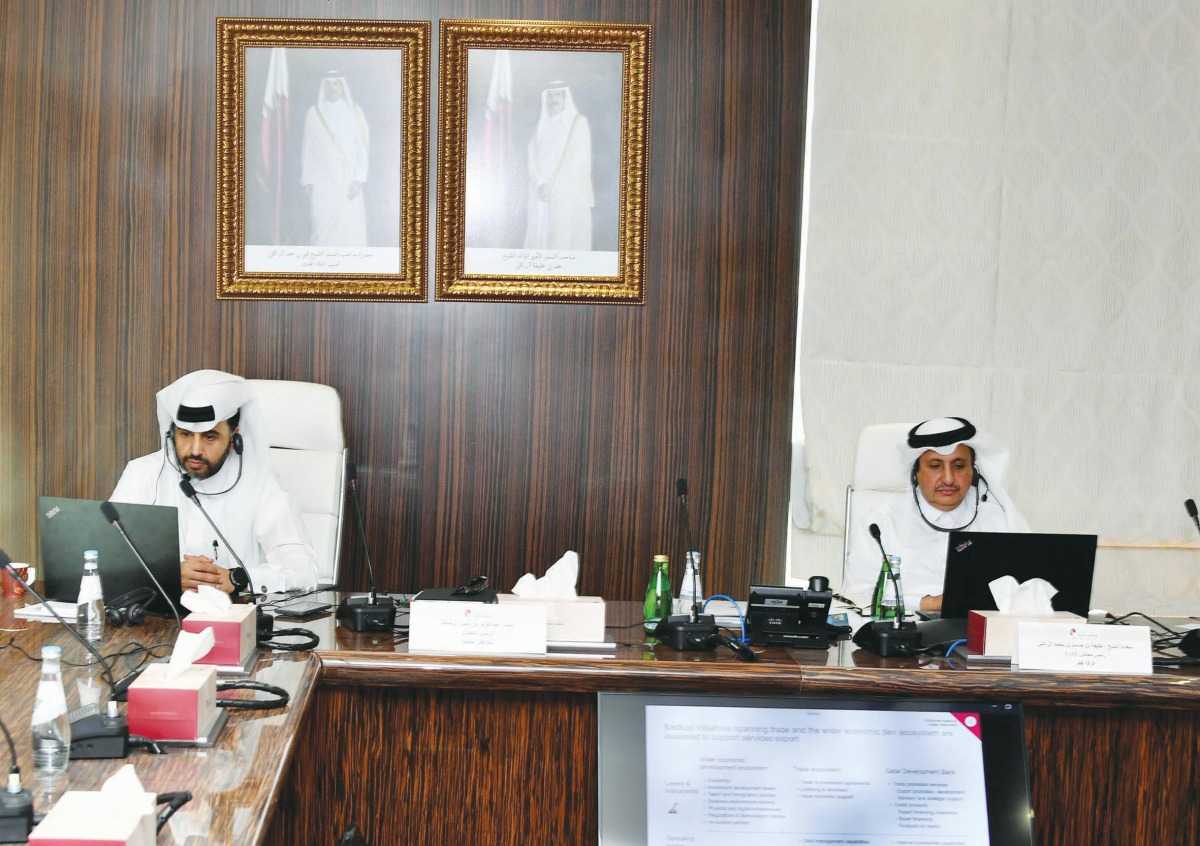 Qatar Chamber’s Chairman, Sheikh Khalifa bin Jassim Al Thani (right) and QDB’s CEO, Abdulaziz bin Nasser Al Khalifa during the virtual meeting, yesterday.