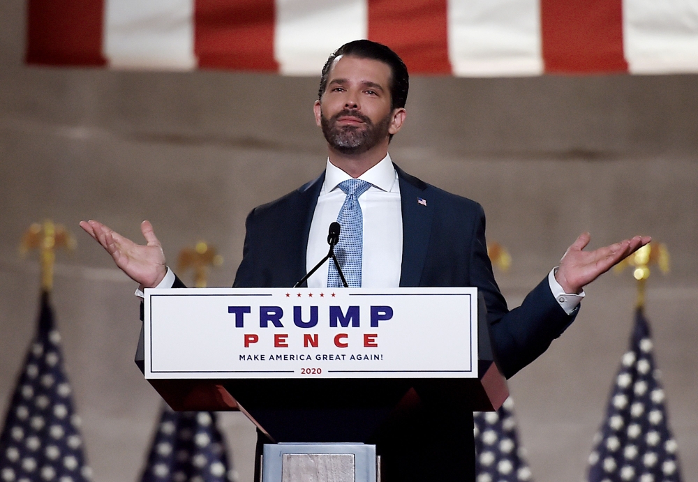 (FILES) In this file photo taken on August 24, 2020, Donald Trump Jr. speaks during the first day of the Republican convention at the Mellon auditorium in Washington, DC. AFP / Olivier Douliery 
