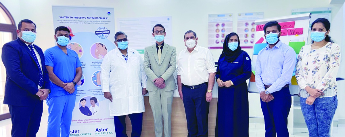 Dr. Nazar Moopan, Dr. Binoy Kurian, Dr. Mahesh Patel and other officials during the AMR awareness activity held at Aster Hilal.