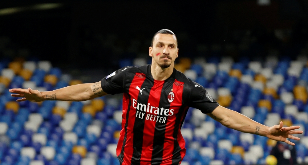 AC Milan’s Zlatan Ibrahimovic celebrates scoring their first goal. REUTERS/Ciro De Luca/File Photo