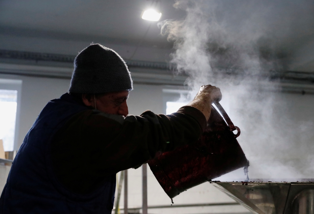 A worker pours elderberries as he prepares syrup in a fruit processing plant in Sarszentagota, Hungary, November 26, 2020. Picture taken November 26, 2020. REUTERS/Bernadett Szabo
