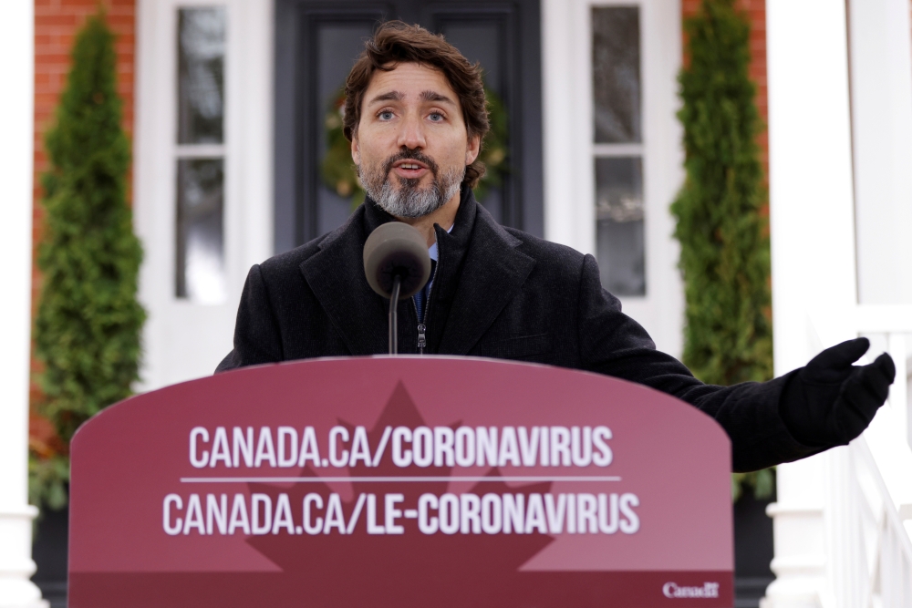 Canada's Prime Minister Justin Trudeau attends a news conference at Rideau Cottage, as efforts continue to help slow the spread of the coronavirus disease (COVID-19), in Ottawa, Ontario, Canada November 20, 2020. REUTERS/Blair Gable/File Photo