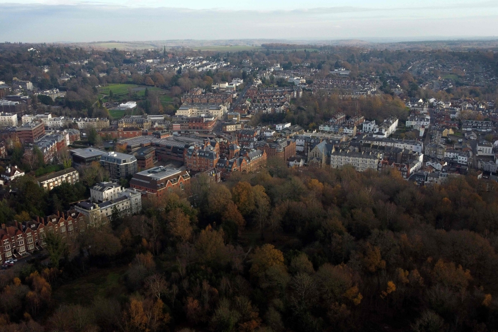 An aerial view shows Royal Tunbridge Wells in Kent, south east England on November 27, 2020. AFP / Ben Stansall 