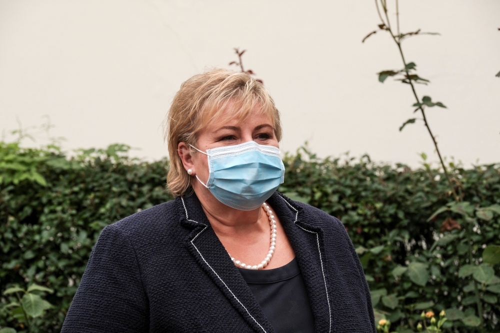 File photo: Norwegian Prime Minister Erna Solberg waits for Belarusian opposition leader Sviatlana Tsikhanouskaya in Vilnius, Lithuania September 8, 2020. Reuters/Ints Kalnins/File Photo
