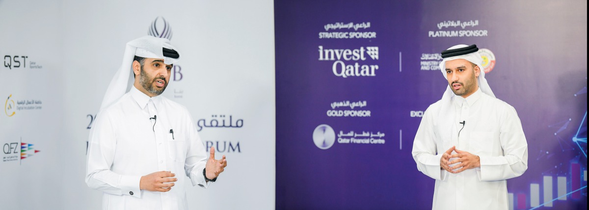 Qatar Development Bank (QDB) CEO Abdulaziz bin Nasser Al Khalifa (left) and QDB International Cooperation & Partnership Officer Jassim Al Subaie speaking during the virtual Investment Forum in Doha recently. 