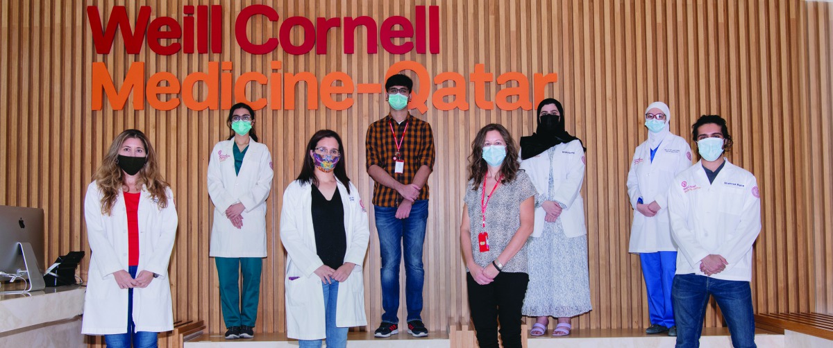 FROM LEFT: Hanan Saba, Ridhima Kaul, Dr. Ghizlane Bendriss, Muhammad Janjua, Sarah Roach, Maryam Al-Quradaghi, Shahd Jaouni and Shehroz Rana from WCM-Q. 
