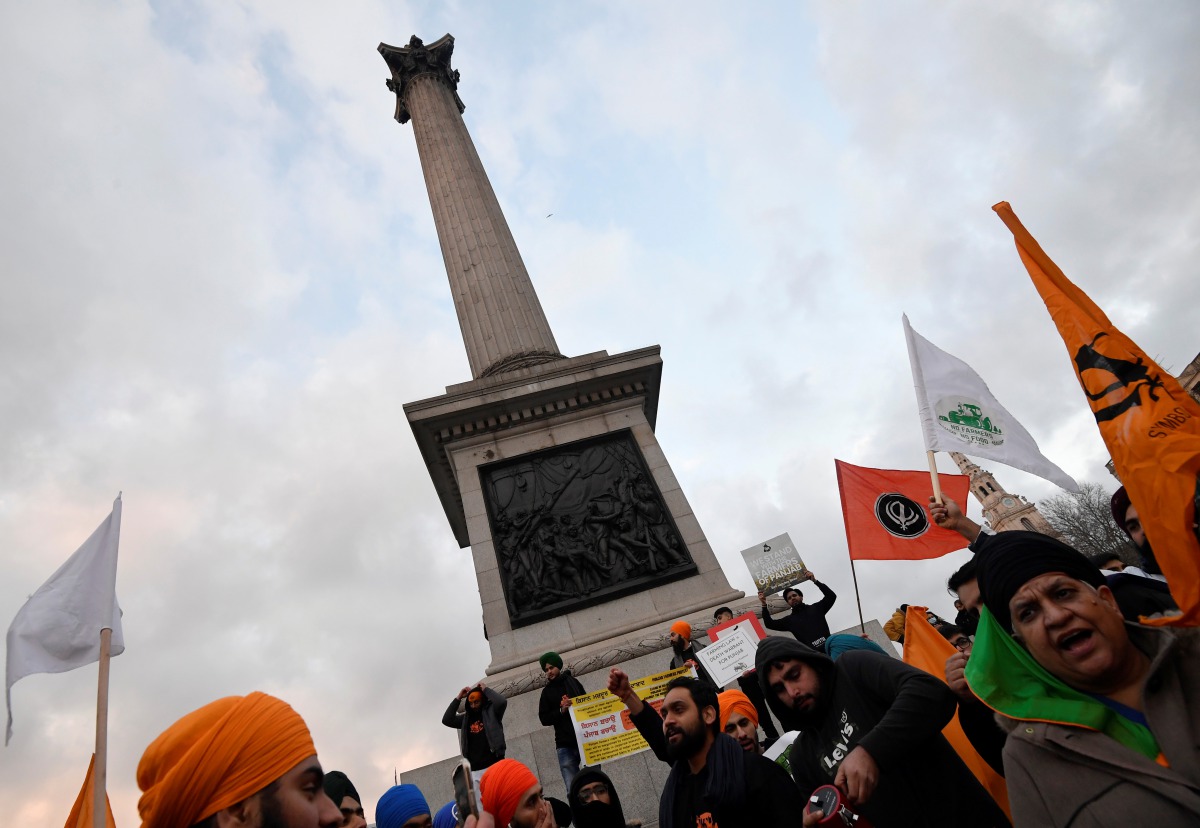 British Sikhs protest against India's new farming legislation in Trafalgar Square in London, Britain, December 6, 2020. REUTERS/Toby Melville
