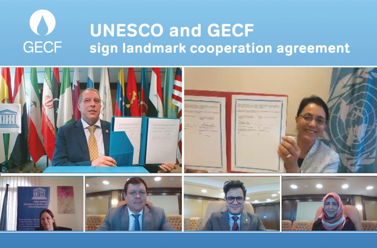 Clockwise from top left: Yury Sentyurin and Shamila Nair-Bedouelle hold up the signed copies of the MoU as officials from Unesco regional office and the GECF Secretariat look on.