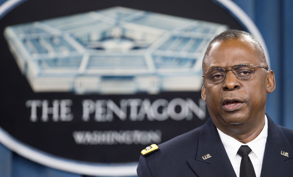 In this file photo taken on October 17, 2014, Commander of US Central Command Gen Lloyd Austin III conducts a media briefing on Operation Inherent Resolve, the international military effort against (IS) Islamic State group, at the Pentagon in Washingon, D